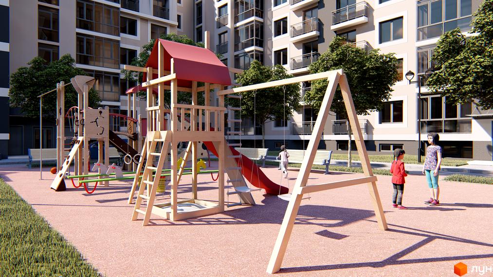 Житловий комплекс Сонцебуд з дитячим майданчиком та великою прибудинковою територією. Високі будинки з великими вікнами та балконами.