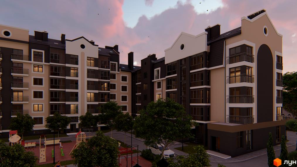 Зовнішній вигляд житлового комплексу Сонцебуд з фасадами темних та світлих тонів, балконами та вікнами, а також дитячим майданчиком та деревами на прибудинковій території.