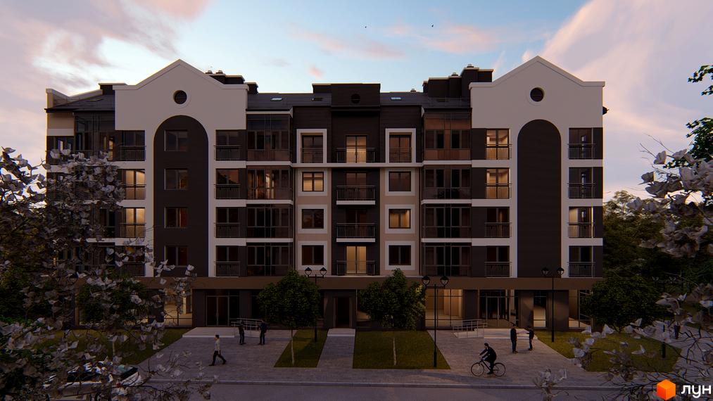 Зображення фасаду багатоповерхового будинку ЖК Сонцебуд з великими вікнами та балконами, на прибудинковій території є дерева та люди.