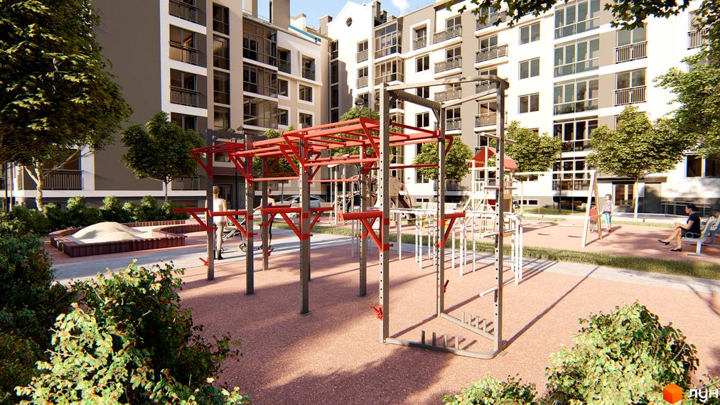 Житловий комплекс Сонцебуд з дитячим майданчиком та зоною для спорту. Сучасна архітектура новобудови та зелена прибудинкова територія.