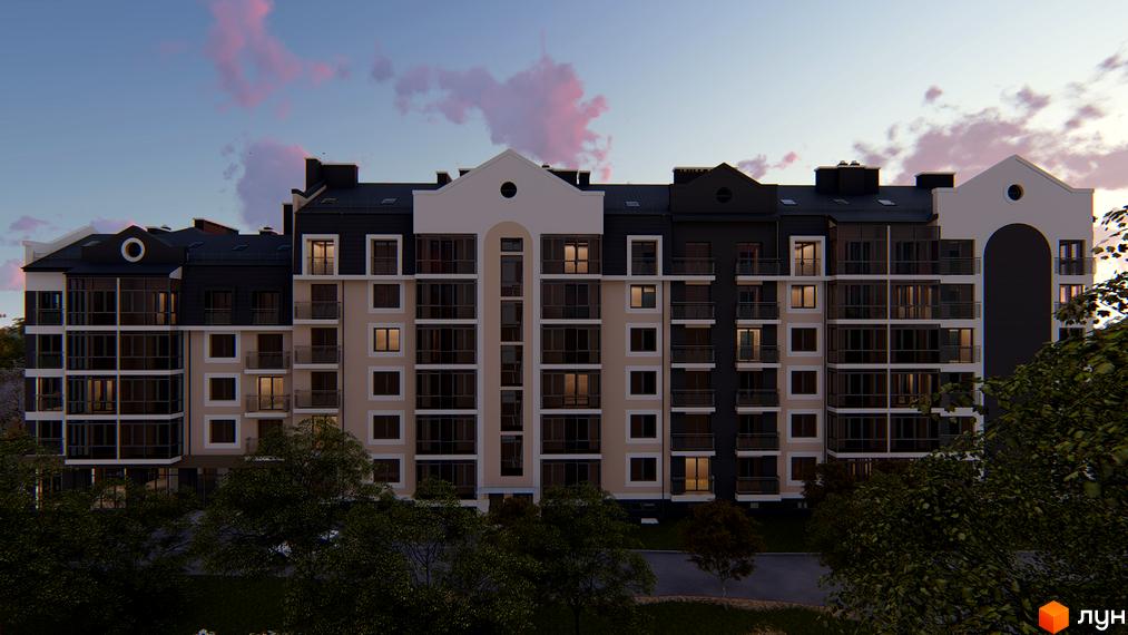 Багатоповерховий будинок ЖК Сонцебуд з великими вікнами та балконами, розташований серед дерев на фоні вечірнього неба.