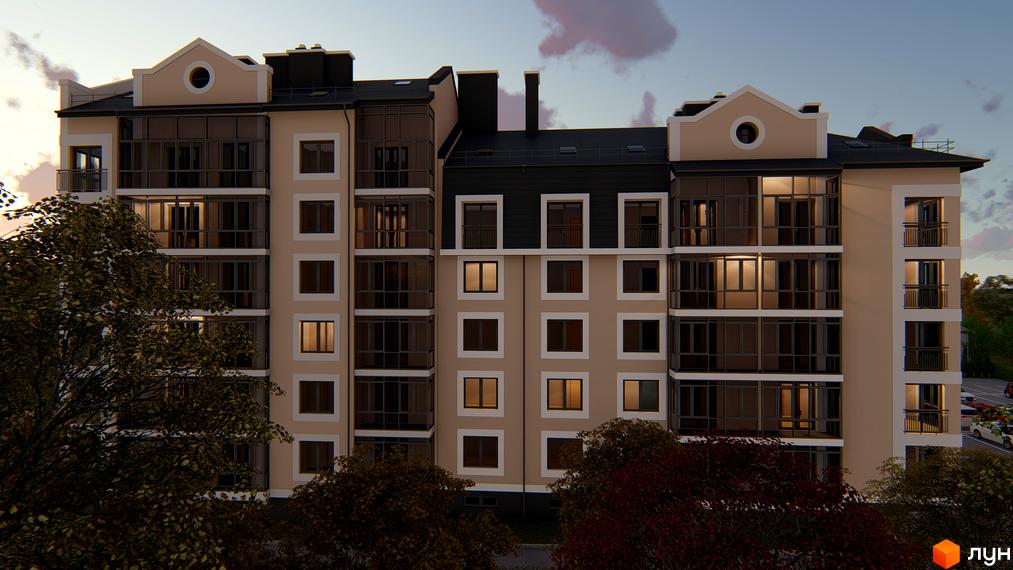 Зовнішній вигляд житлового комплексу Сонцебуд з великою кількістю вікон та балконів. Навколо новобудови дерева та парковка.