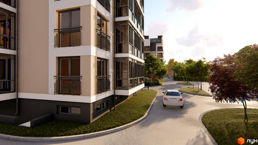 Зовнішній вигляд новобудови ЖК Сонцебуд з балконами та вікнами, що виходять на доглянуту прибудинкову територію з деревами та дорогою.