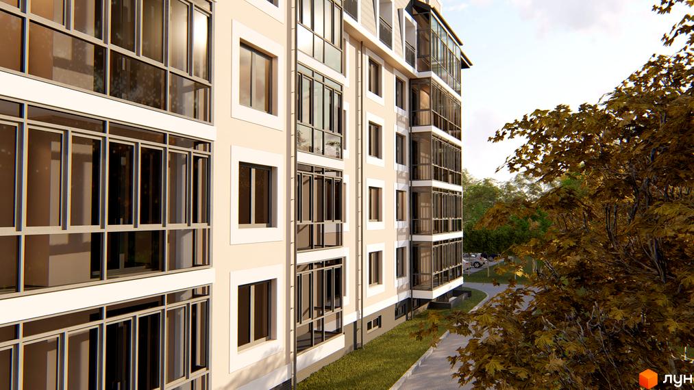 Зовнішній вигляд житлового комплексу Сонцебуд з великою кількістю скління та прибудинковою територією з деревами. Нова новобудова з сучасним дизайном.