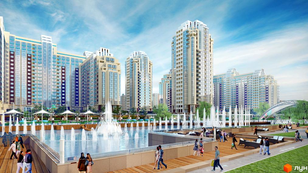 Житловий комплекс Венеція з сучасними багатоповерхівками та прибудинковою територією з фонтанами та зеленими насадженнями.