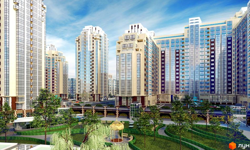 Житловий комплекс ЖК Венеція з сучасними багатоповерхівками та прибудинковою територією з зеленими насадженнями та дитячим майданчиком.