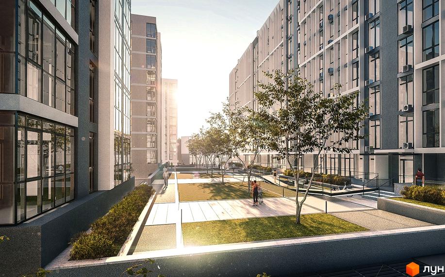 Житловий комплекс Panorama з сучасним фасадом та доглянутою прибудинковою територією з деревами та зонами відпочинку.