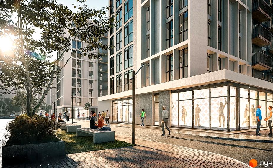 Зовнішній вигляд ЖК Panorama з фасадами з вікнами та балконами, прибудинкова територія з лавками та деревами.