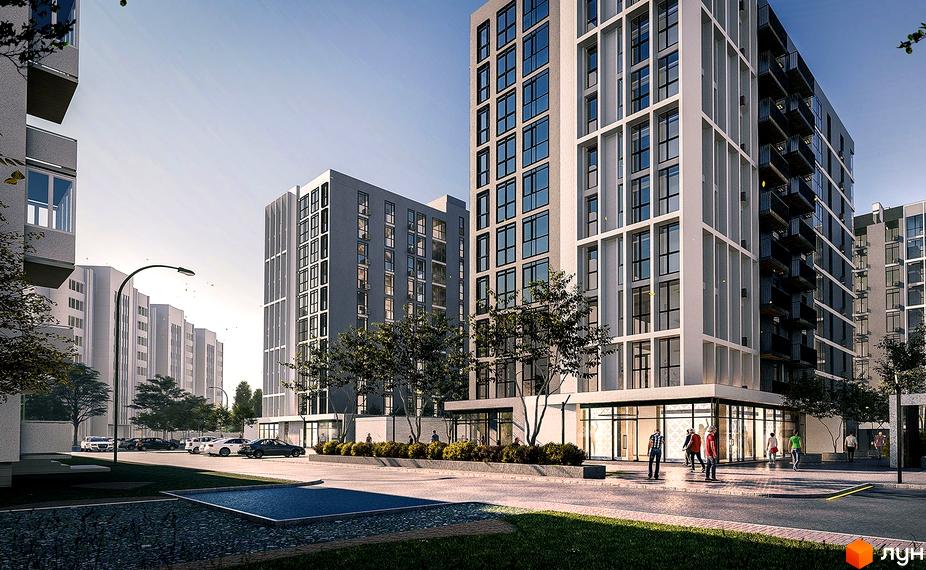 Житловий комплекс Panorama: фасади багатоповерхових будинків з великою кількістю вікон та балконів, упорядкована прибудинкова територія з деревами та місцями для паркування.