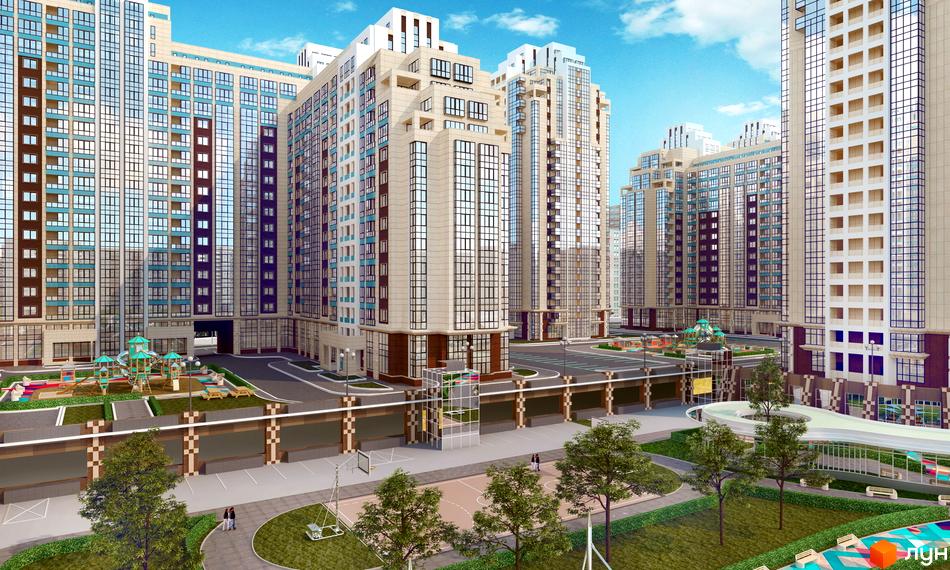 Житловий комплекс Венеція з сучасними багатоповерхівками та облаштованою прибудинковою територією з дитячими майданчиками.