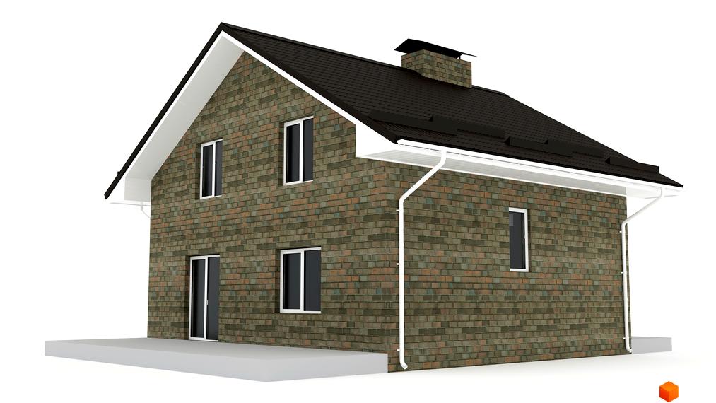 КМ Гетьманський: двоповерховий будинок з цегляним фасадом, темним дахом та білими вікнами. Навколо будинку облаштований сірий фундамент.