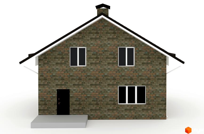 Котеджне містечко Гетьманський: двоповерховий будинок з цегляним фасадом, двома вікнами на другому поверсі та одним вікном і дверима на першому. Дах двосхилий, з димарем.