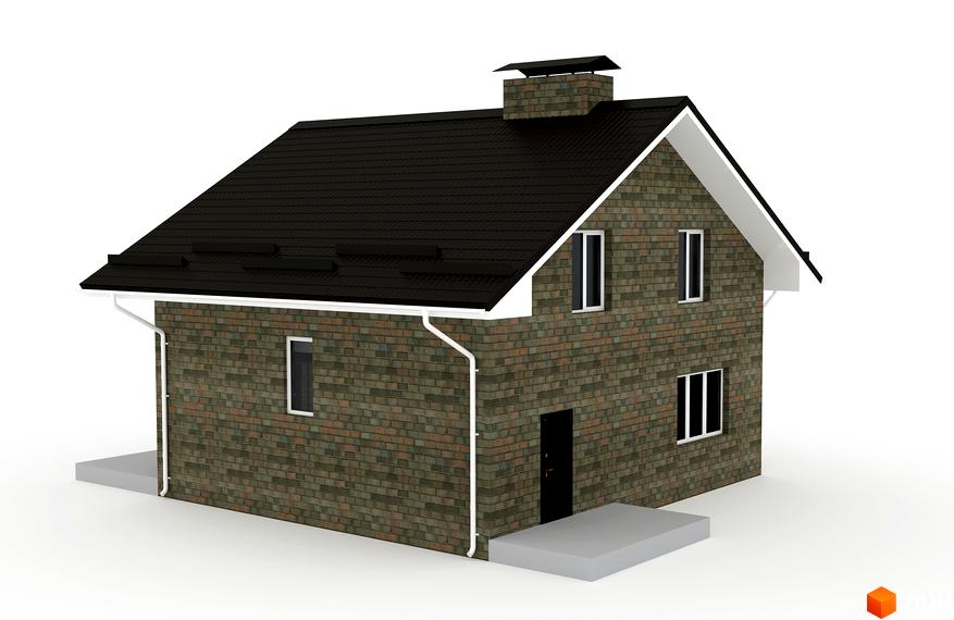 Котеджне містечко Гетьманський: двоповерховий будинок з цегляним фасадом, темною черепичною покрівлею та білими вікнами. Біля будинку розташовані бетонні доріжки та газон.