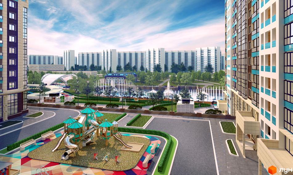 Житловий комплекс Венеція: багатоповерхові будинки з блакитними елементами та дитячий майданчик з гірками. На території комплексу фонтани та зелені зони.