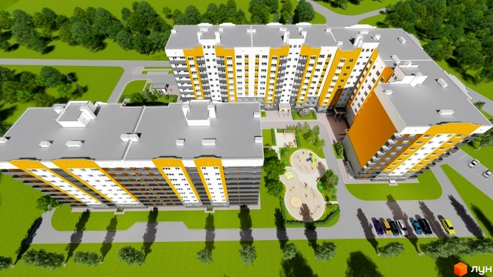 Житловий комплекс Баронівський: багатоповерхові будинки біло-жовтого кольору та облаштована прибудинкова територія з дитячим майданчиком і парковкою.