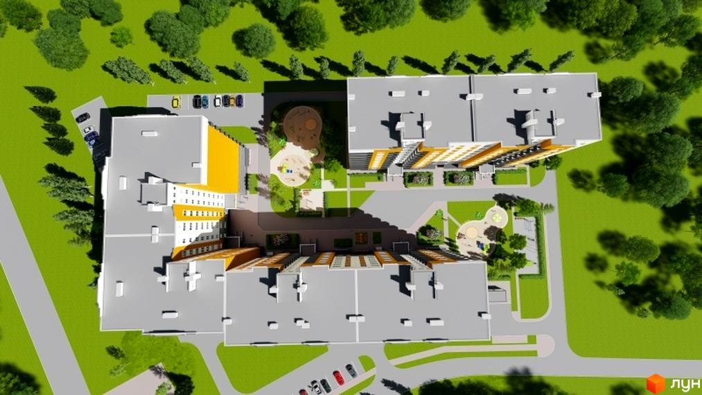 Вигляд зверху на Житловий комплекс Баронівський з багатоповерховими будівлями сірого та жовтого кольорів. Навколо розташовані зелені зони, дитячі майданчики та парковки.