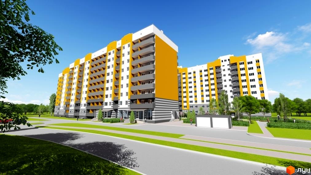 Житловий комплекс Баронівський: багатоповерховий будинок у жовтому, білому та сірому кольорах з балконами, розташований серед зелених насаджень та доріжок.