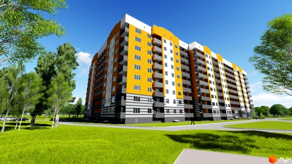 Багатоповерховий житловий будинок Житлового комплексу Баронівський з жовто-білими фасадами та балконами. Навколо будинку зелені газони, дерева та пішохідні доріжки.