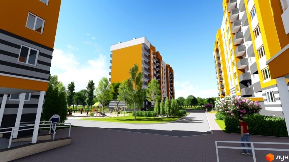 Житловий комплекс Баронівський: багатоповерхові будинки жовто-сірого кольору з балконами, прибудинкова територія з зеленими насадженнями та дитячим майданчиком.