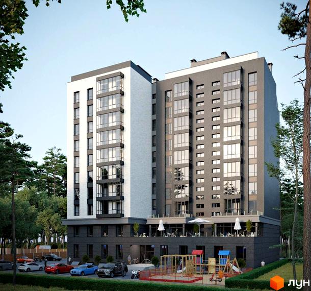 Зовнішній вигляд житлового комплексу Art Residence з білою та сірою цегляною обробкою, великими вікнами та балконами, а також дитячим майданчиком та парковкою біля будинку.