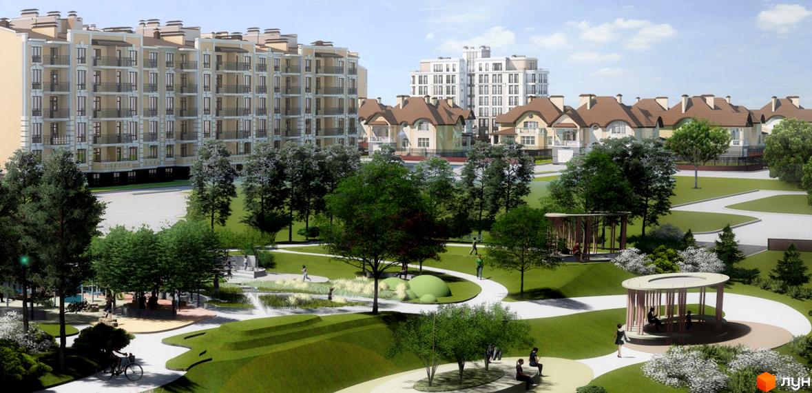 Житловий комплекс „Феофанія-park” з будинками різної поверховості та доглянутою прибудинковою територією з алеями, деревами та альтанками для відпочинку.