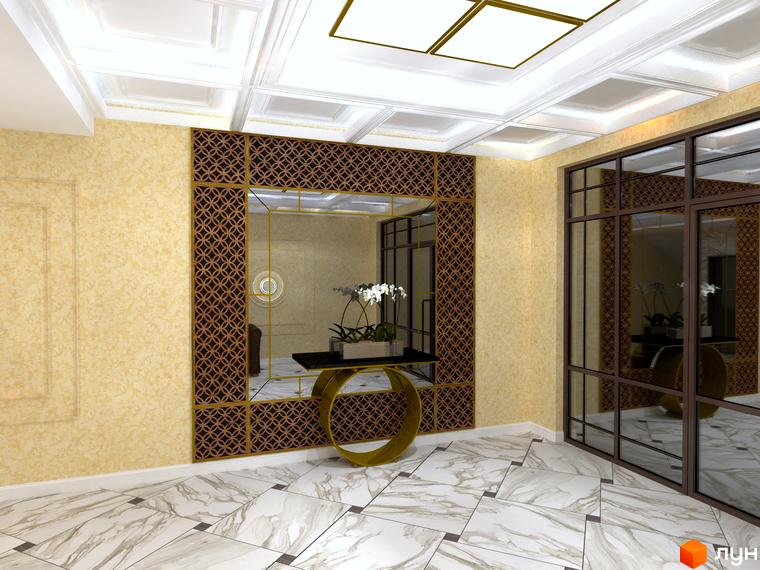 Інтер'єр вітальні в клубному кварталі „Феофанія-park“. Велике дзеркало в золотій рамі, консольний столик з квітами та мармурова підлога.