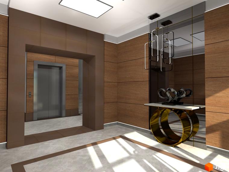 Холл житлового комплексу Феофанія-park з дзеркалом, декоративними елементами та підсвічуванням. Світлий інтер'єр з акцентом на деталі.