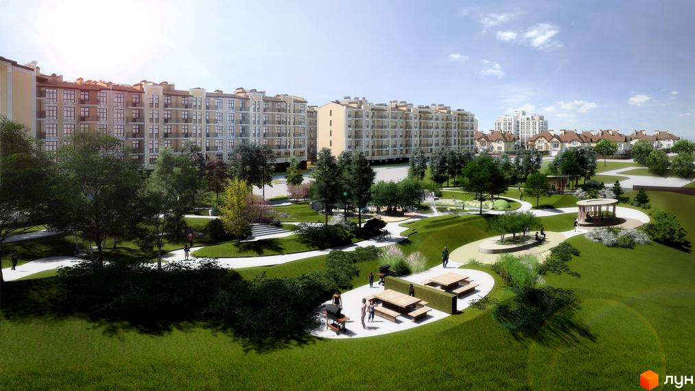 Житловий комплекс «Феофанія-park» з будинками середньої поверховості, з великою прибудинковою територією, де є зони відпочинку та прогулянкові алеї.