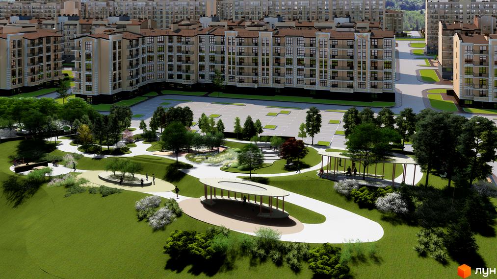 Зображення сторінки Житлового комплексу „Феофанія-park“ з виглядом на будівлі та зелену прибудинкову територію.