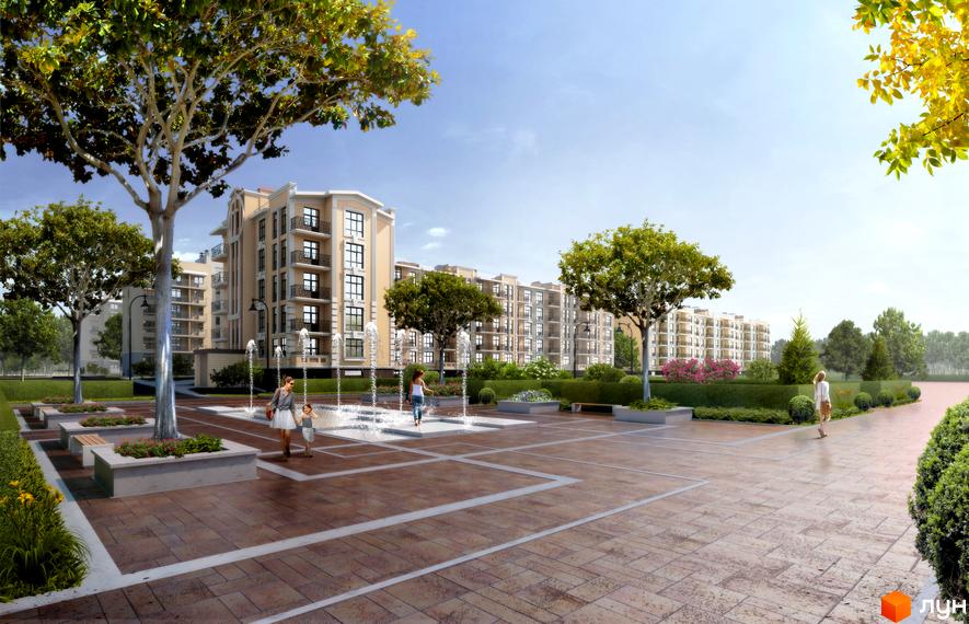 Клубний квартал „Феофанія-park“: світлі фасади будинків, зелені дерева та фонтани на доглянутій прибудинковій території.