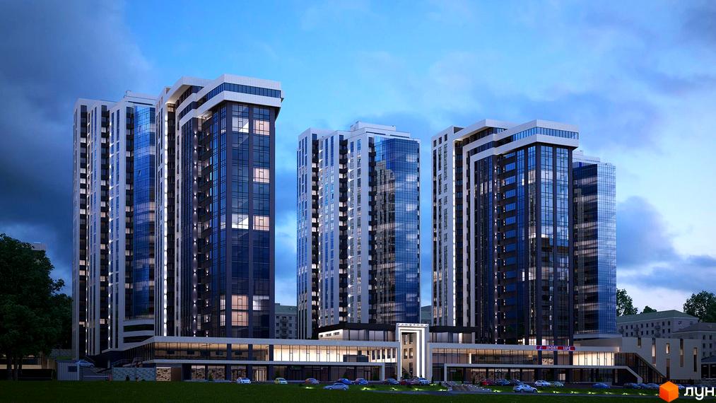 Високоповерхові будинки ЖК Panorama з панорамним склінням. На території комплексу є парковка та зелені зони.