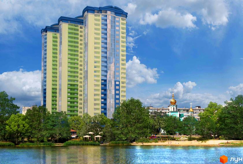 Житловий комплекс Озерні зорі з сучасним фасадом та прибудинковою територією, озелененою деревами та зонами відпочинку.