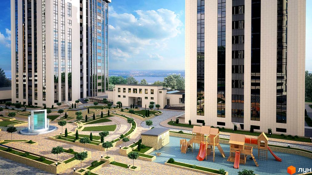 Житловий комплекс Панорама. Високі будинки з великими вікнами, поруч облаштована прибудинкова територія з дитячим майданчиком, алеями та зеленими насадженнями.