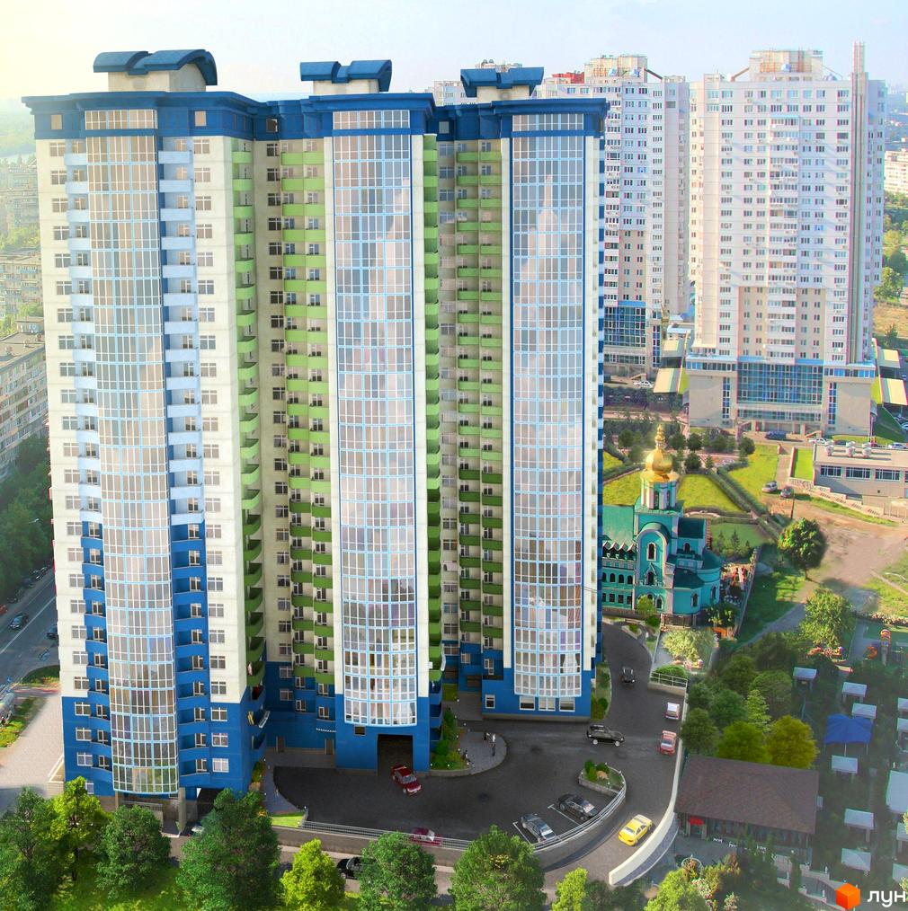 Житловий комплекс Озерні зорі. Багатоповерхові будинки з блакитними та зеленими елементами фасаду, скляними балконами. На території є церква з золотим куполом, зелені насадження та парковка.