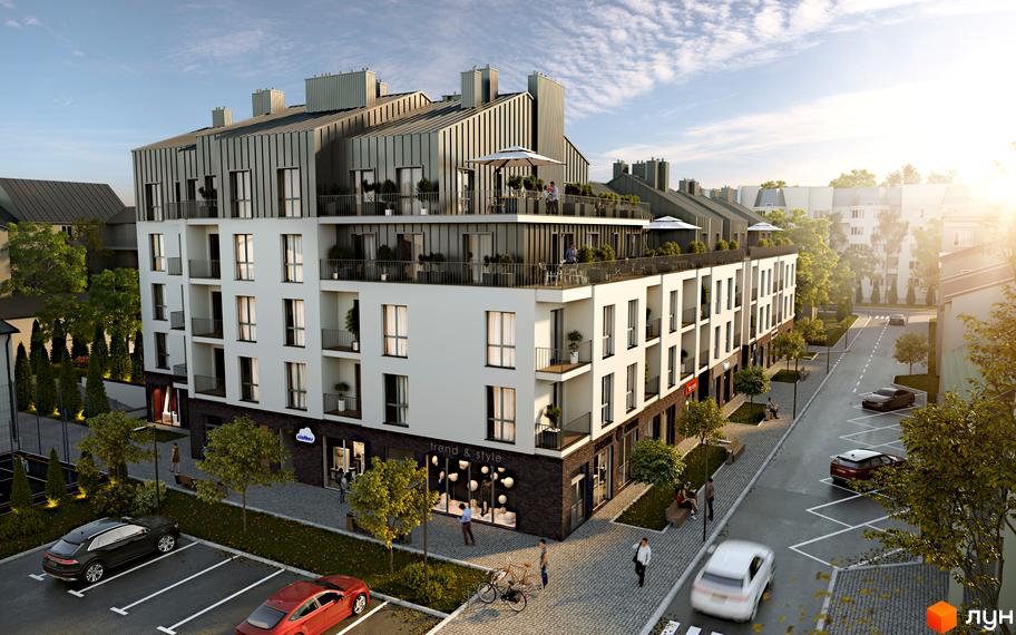 Зовнішній вигляд новобудови ЖК Globus Elite з балконами та терасами. Навколо будинку розташовані дерева, парковка та вулиця з автомобілями.