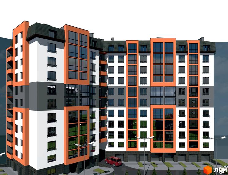 Зовнішній вигляд новобудови на вул. Пасічна, 52, з яскравим фасадом та великими вікнами. На прибудинковій території видно парковку та зелені насадження.