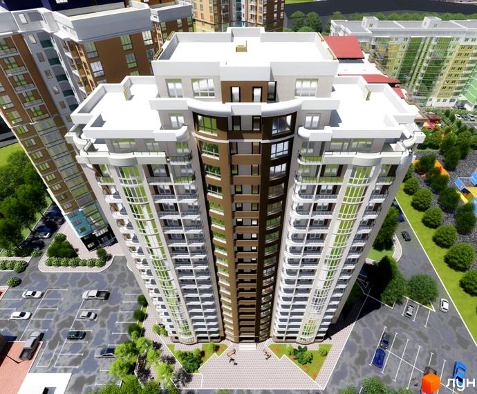 Зовнішній вигляд багатоповерхового житлового комплексу Діамант з вигнутими фасадами та скляними балконами. Навколо комплексу розташовані парковка та зелені насадження.