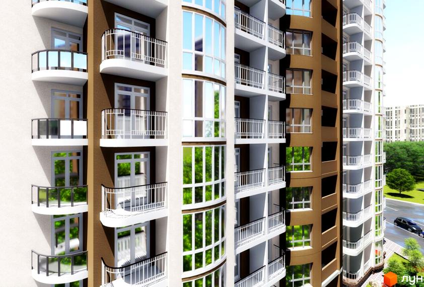 Житловий комплекс Діамант: фасад будівлі з балконами та вікнами, вид ззовні. Навколо зелені дерева та дорога з автомобілем.