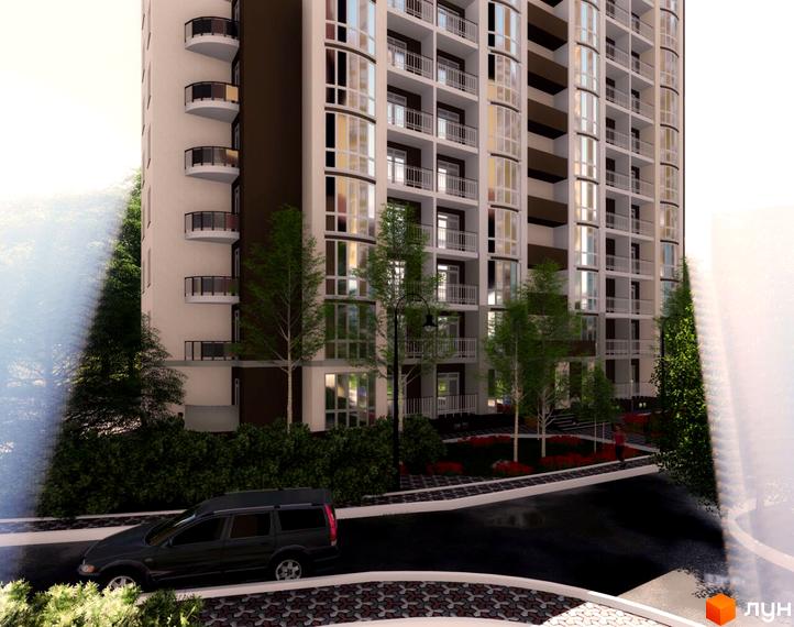 Житловий комплекс Діамант - сучасна новобудова з балконами та панорамними вікнами. Прибудинкова територія з деревами та доріжками.