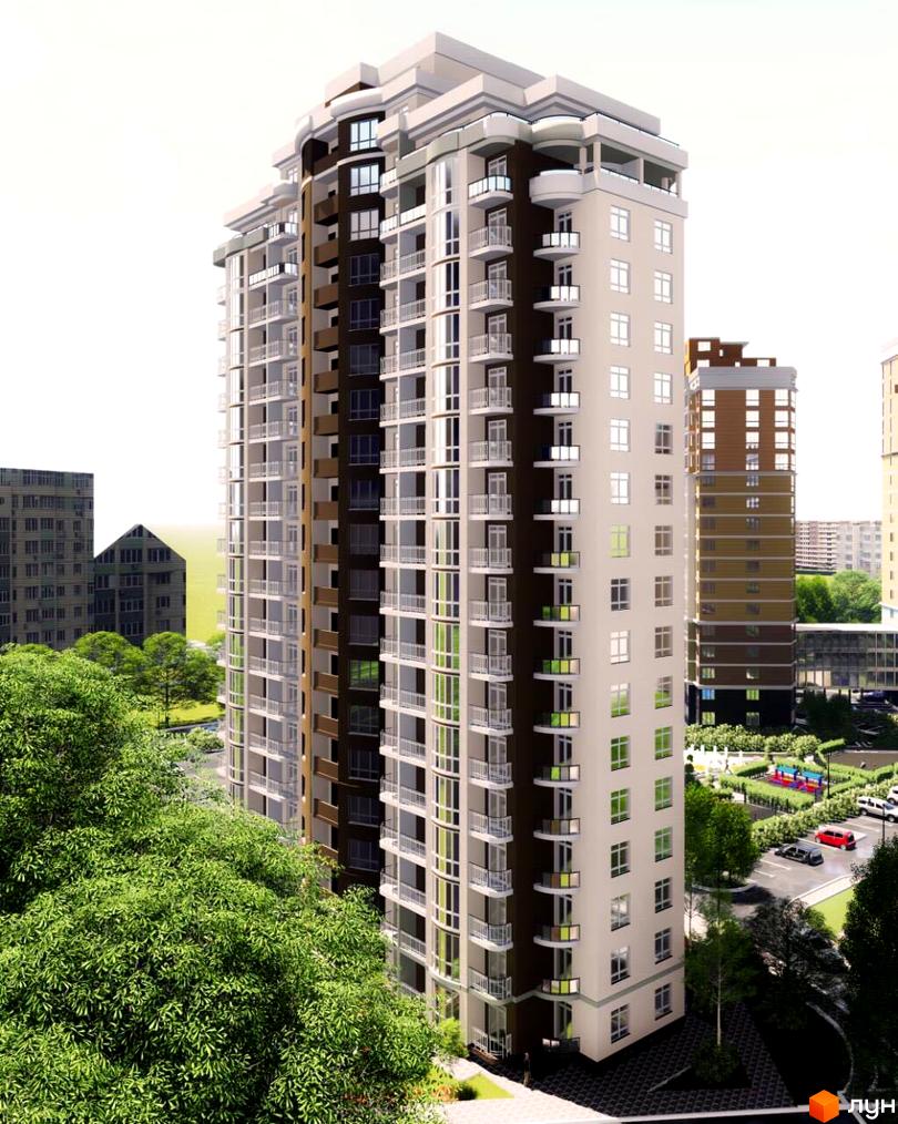 Житловий комплекс Діамант - висока новобудова зі світлим фасадом та численними балконами. На прибудинковій території видно дитячий майданчик та зелені насадження.