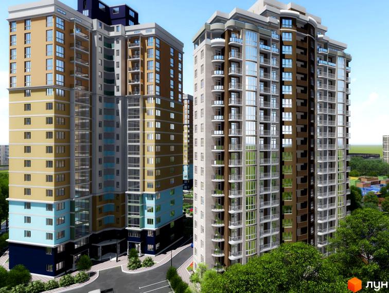 Житловий комплекс Діамант: двосекційна новобудова з балконами та панорамними вікнами. Навколо будинку розташовані зелені насадження та облаштована прибудинкова територія.