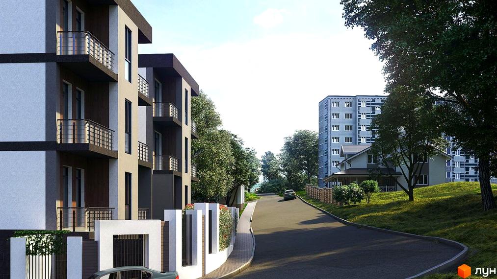 Багатоквартирний будинок з балконами та огородженою територією. Поруч дорога, дерева та інші будівлі.