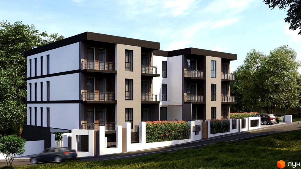 Триповерховий будинок з балконами та великими вікнами. На території перед будинком є зелені насадження, паркан та місце для паркування.