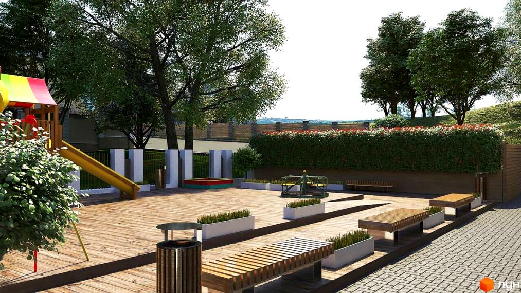 Дитячий майданчик з дерев'яним покриттям, лавками та зеленою огорожею. Клубний будинок 