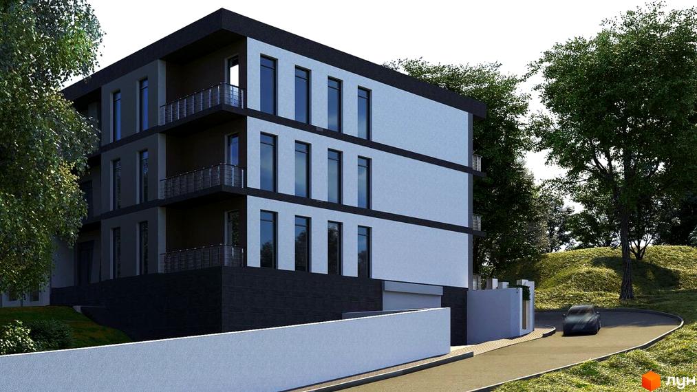 Триповерхова будівля житлового комплексу з балконами та панорамними вікнами. На території є дорога, парковка та зелені насадження.