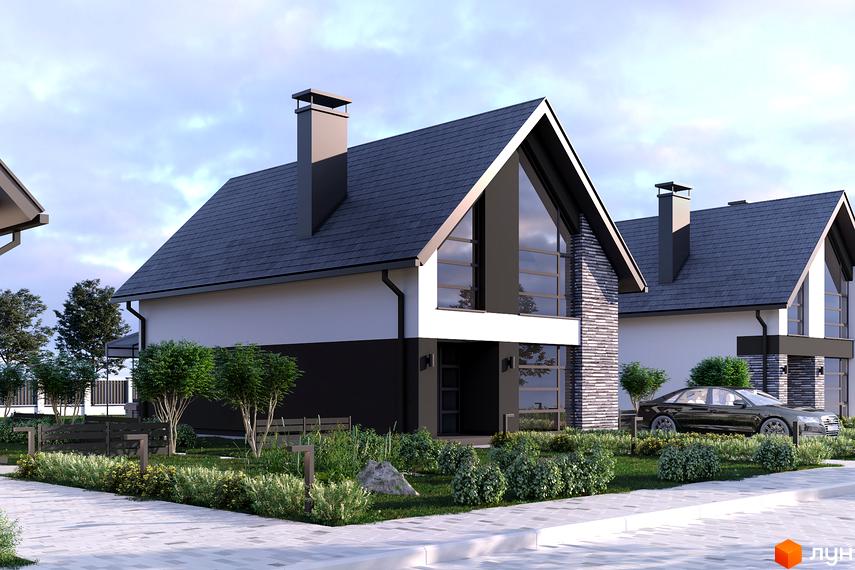 Котеджне містечко Струмочок 2: будинки з темними скатними дахами, білими та темно-сірими фасадами, великими панорамними вікнами. Озеленена прибудинкова територія з доріжками.