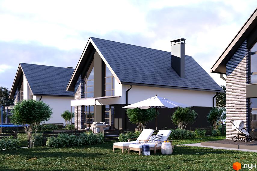 Зображення Котеджного містечка Струмочок 2. Двоповерхові будинки з темними дахами та великими вікнами, зелений газон та лаунж зона з шезлонгами.