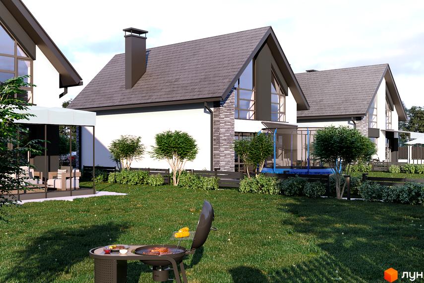 Зображення Котеджного містечка Струмочок 2 з будинками та газоном. На передньому плані мангал з їжею, а на задньому двоповерхові котеджі.