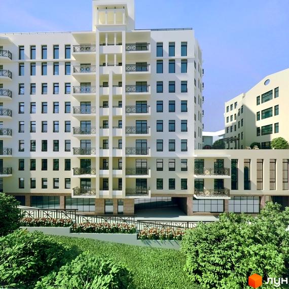 Зображення житлового комплексу Patriarh Hall. Висотна будівля з балконами та панорамними вікнами. Прибудинкова територія з зеленими насадженнями та доглянутими газонами.