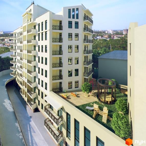 Зображення житлового комплексу Клубний будинок „Патріарх Холл“. Багатоквартирний будинок з балконами та терасою, на якій розташований дитячий майданчик.